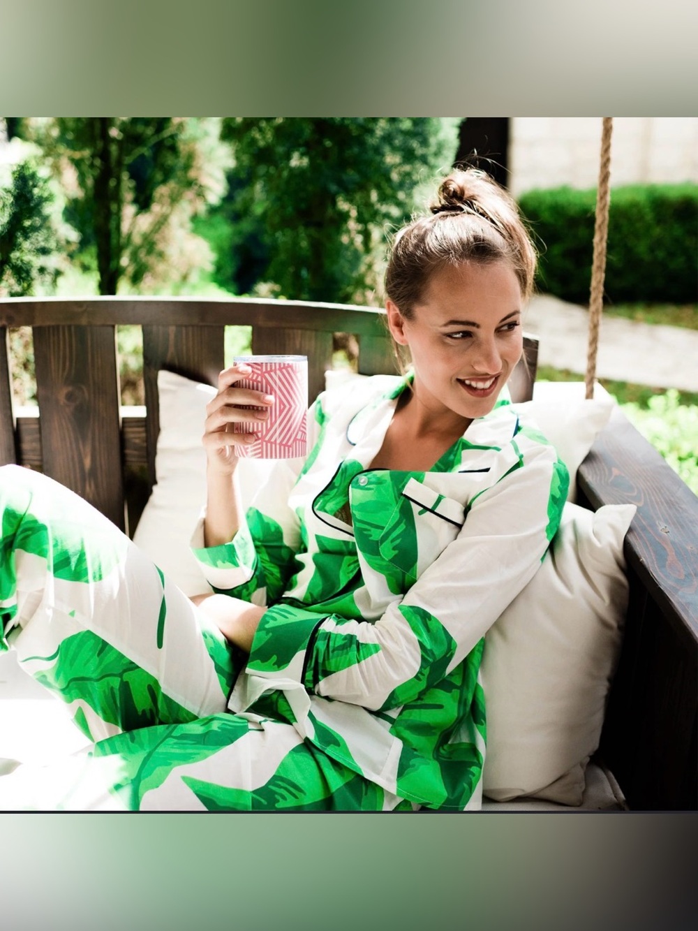 NEW Katie Kime Tropical Green Leaf Long Sleeve Pajama Pants Set, XL - Picture 5 of 10
